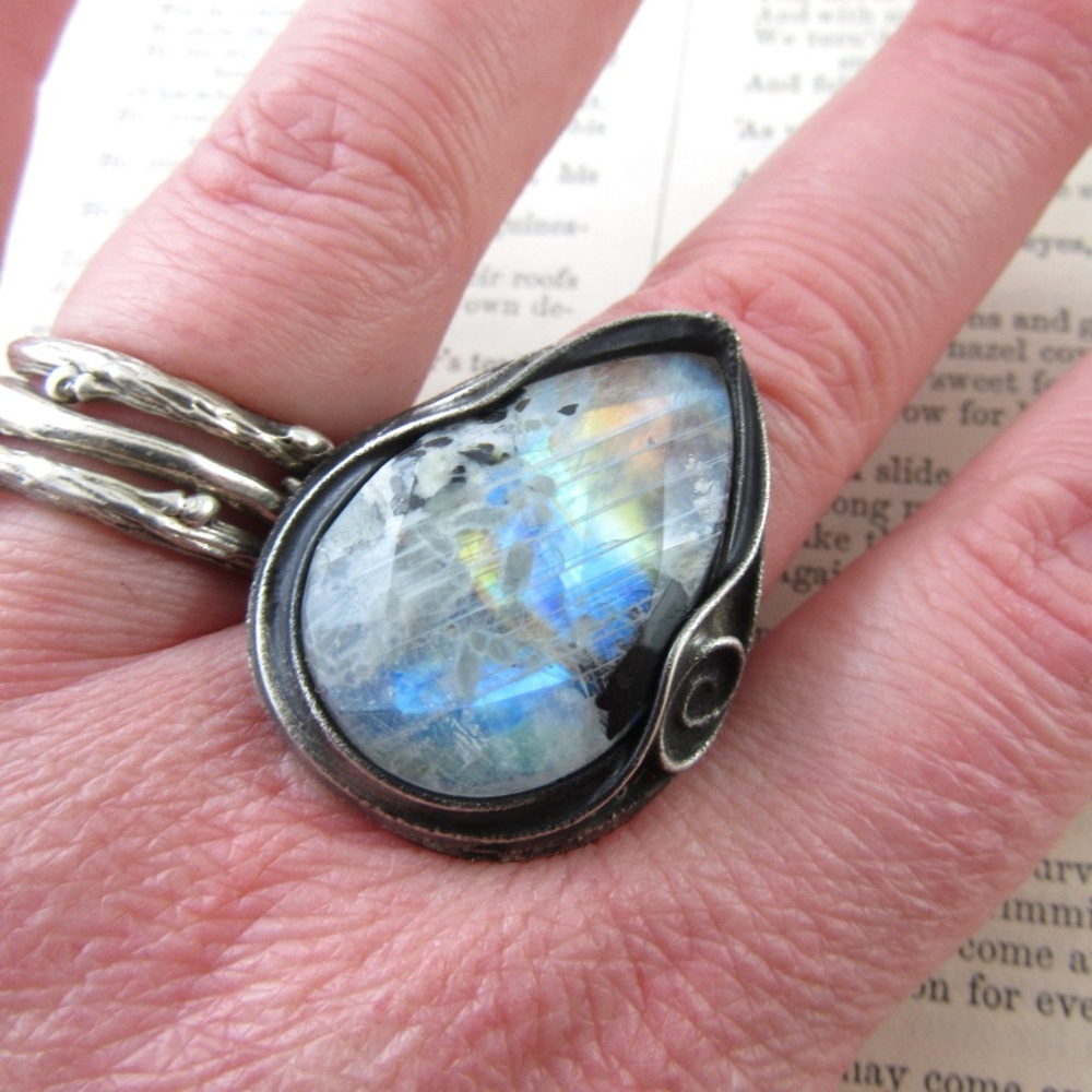 Faceted Rainbow Moonstone cocktail Ring Size: 7-9 adjustable